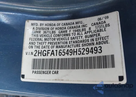 2009 Honda Civic Lx z USA, uszkodzony, nr VIN 2HGFA16549H529493